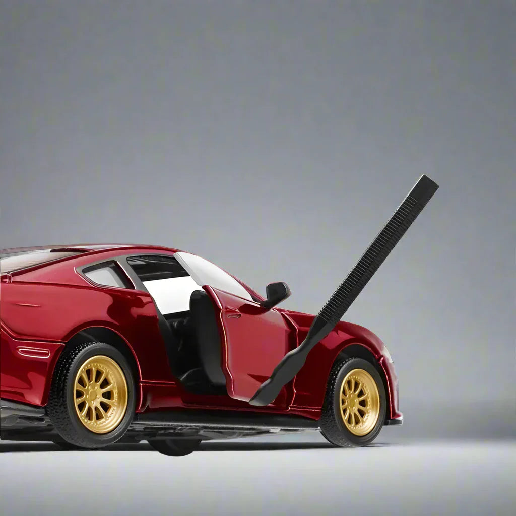Red Ford Mustang GT muscle car model at 1:42 scale with gold wheels and a rear wing, a diecast gift for car fans