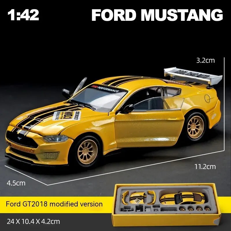 Yellow Ford Mustang GT 2018 diecast at 1:42 scale, an 11 cm alloy muscle car collectible and gift for hobbyists