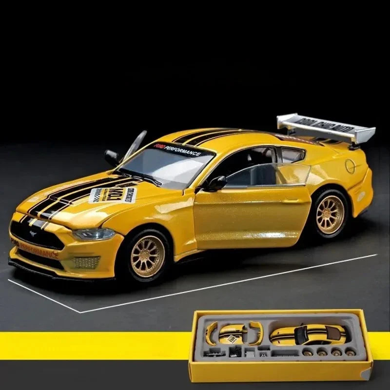 Yellow 1:42 Ford Mustang GT diecast model car in alloy with racing stripes, a buildable kit for muscle car fans