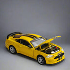 Yellow Ford Mustang GT diecast with an opening hood and detailed engine bay, a 1:42 alloy muscle car collectible