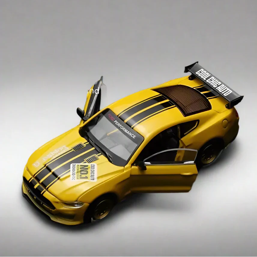 Yellow 1:42 Ford Mustang GT alloy model with opening doors and Ford Performance stripes for desk and shelf display