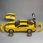 Yellow Ford Mustang GT model kit with interchangeable customizable body parts and wheels, a 1:42 diecast for hobbyists