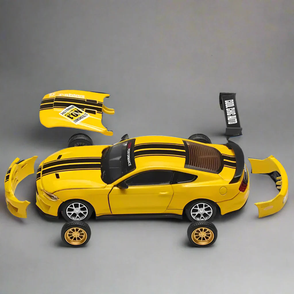 Yellow Ford Mustang GT model kit with interchangeable customizable body parts and wheels, a 1:42 diecast for hobbyists