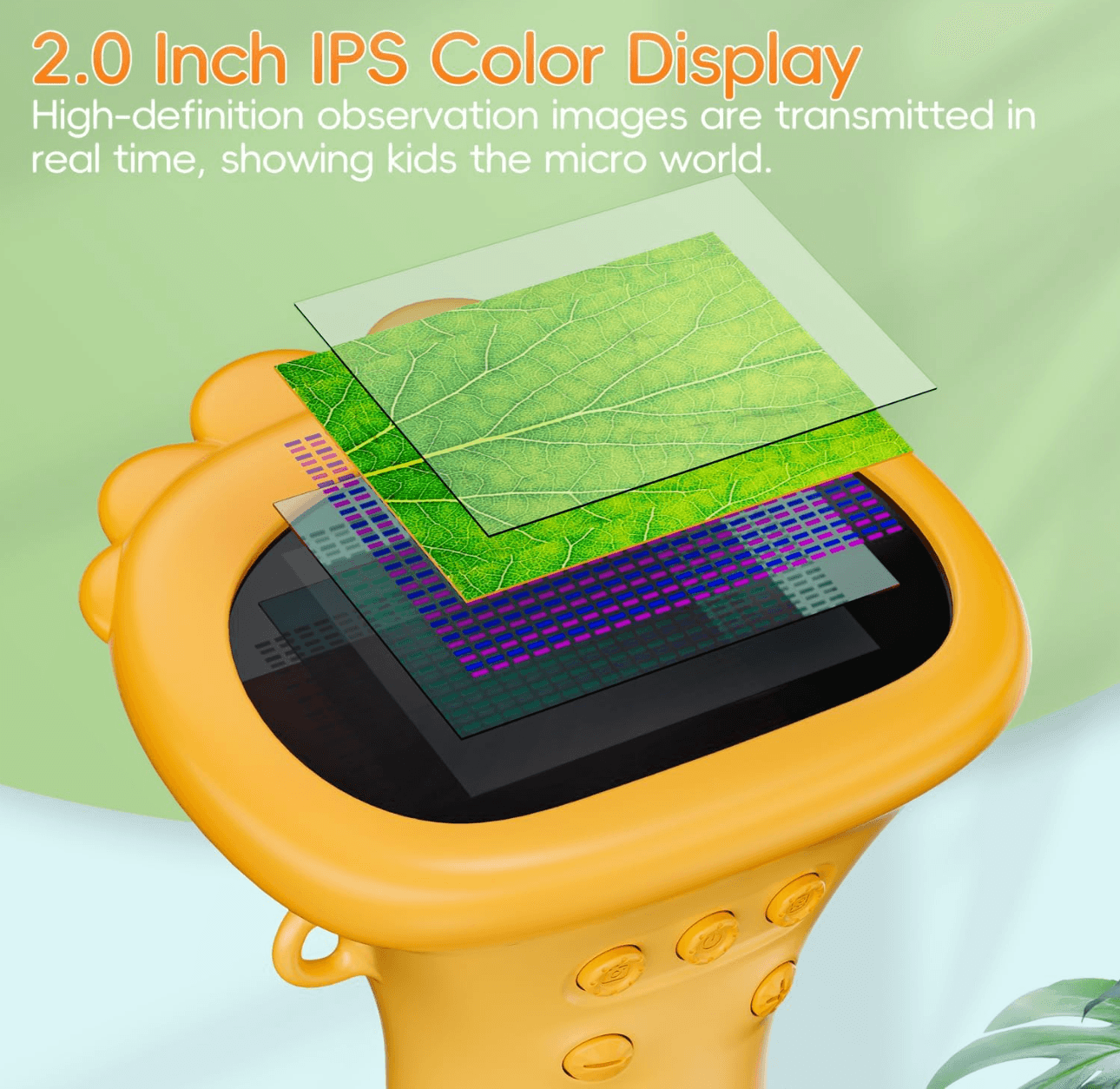 Handheld microscope with a 2 inch IPS display showing live magnified specimens for curious kids and students, Yellow
