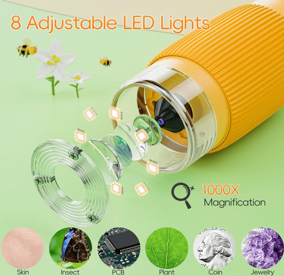 1000X microscope with 8 LED lights and a macro 1080P lens for skin, insects, coins and plant detail, Yellow