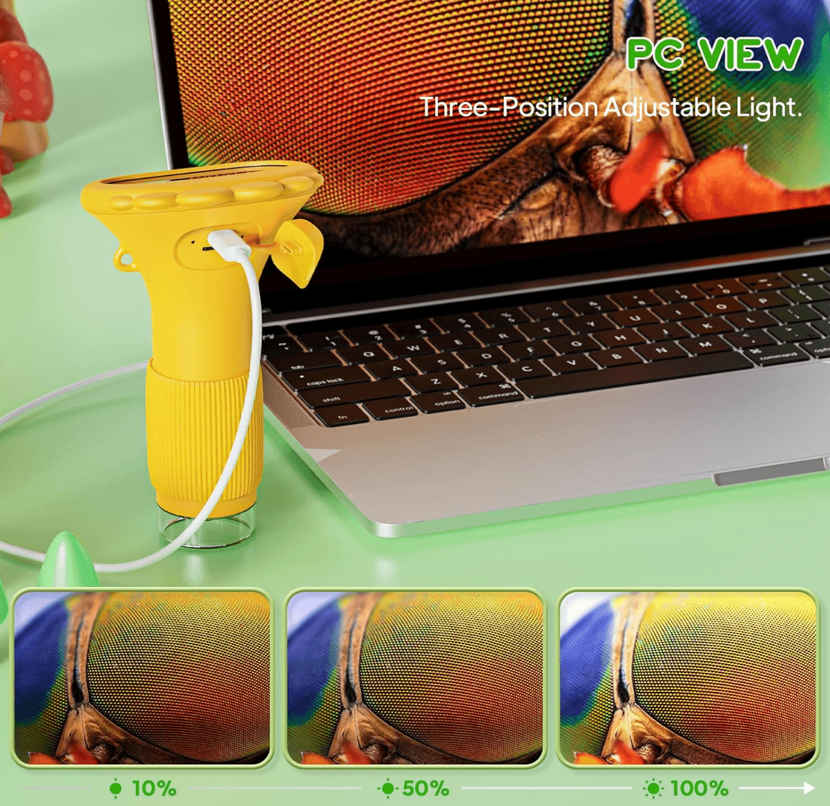 Handheld USB microscope with 8 adjustable LED lights and a PC view for detailed magnified inspection, Yellow