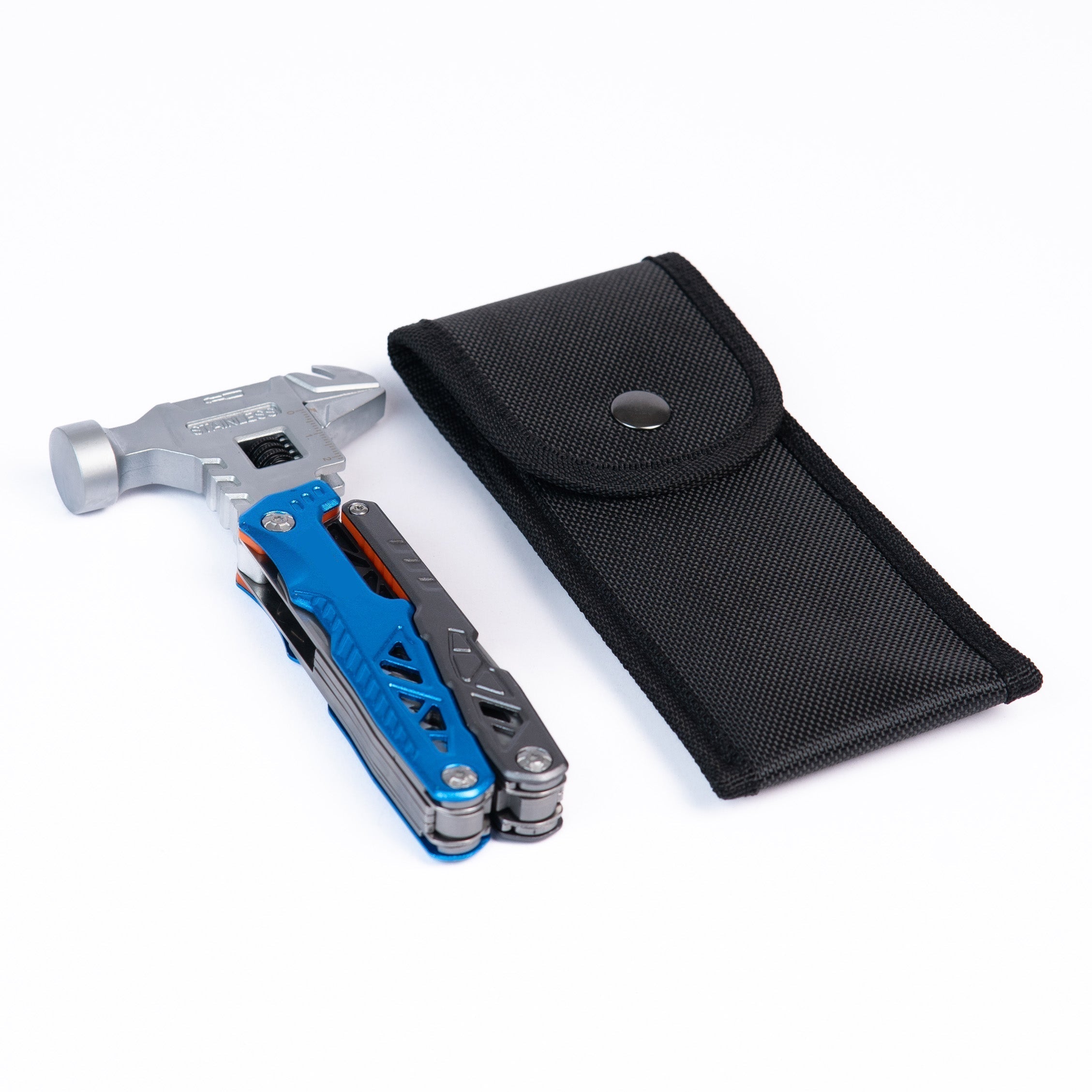 18-in-1 multitool wrench hammer with adjustable wrench, pliers and knife plus a nylon belt pouch for everyday carry Blue