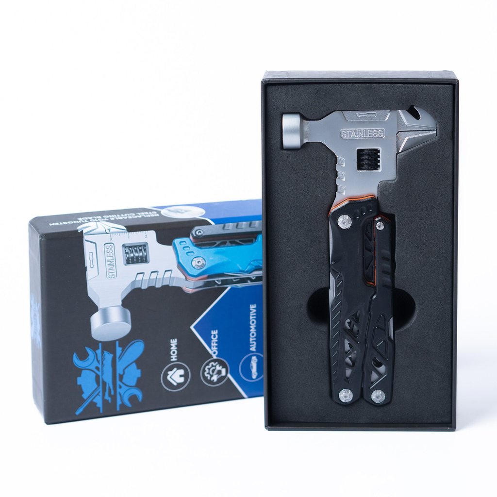 Multitool with a hammer head and nail puller for roadside fixes and DIY jobs, a compact everyday carry hand tool set Blue