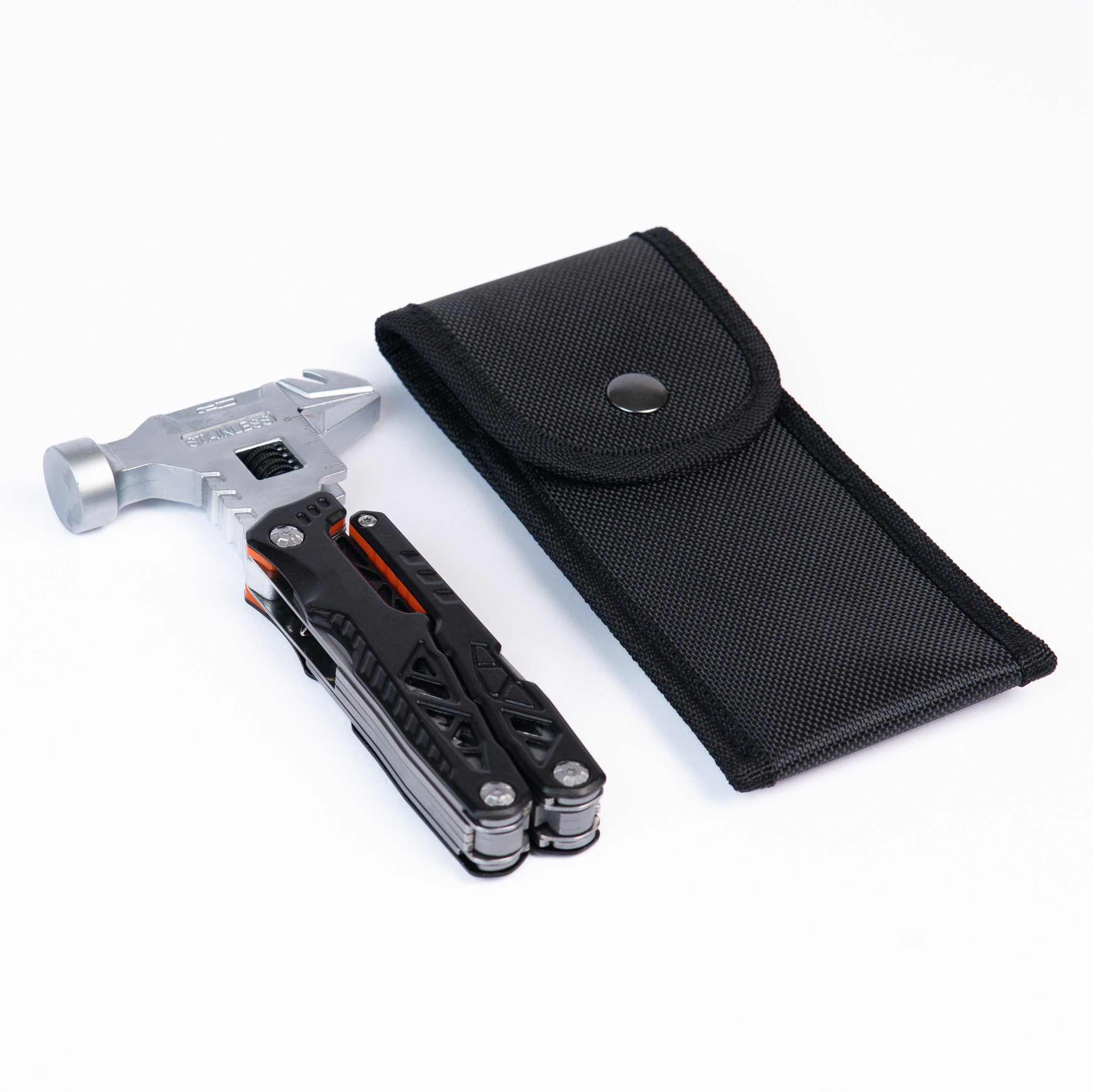 Folding multitool hammer with pliers, saw and screwdrivers in a belt pouch for camping, hiking and survival kits Black