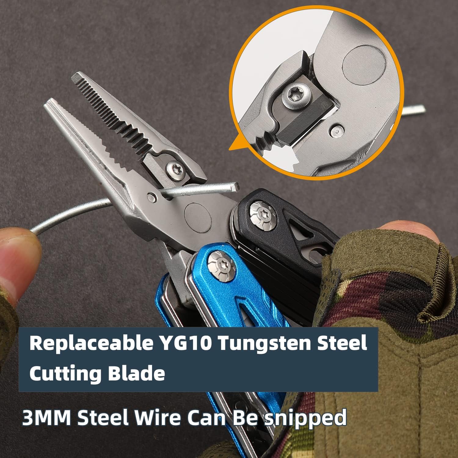 Multitool pliers with tungsten steel wire cutters that snip 3mm wire, a stainless steel hand tool for quick repairs Blue