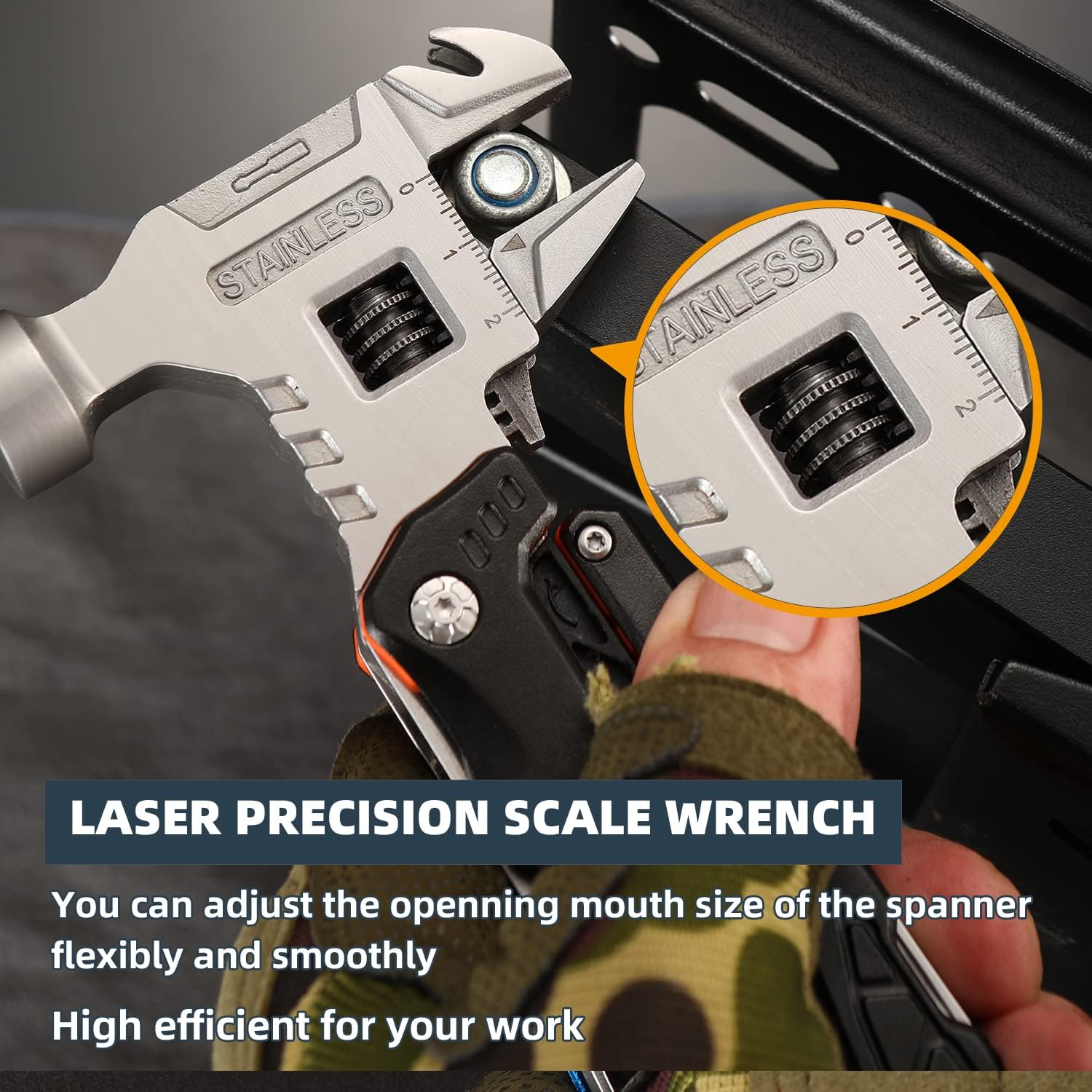 Adjustable wrench multitool with a laser scale for precise sizing, a stainless steel spanner for home and auto work Blue