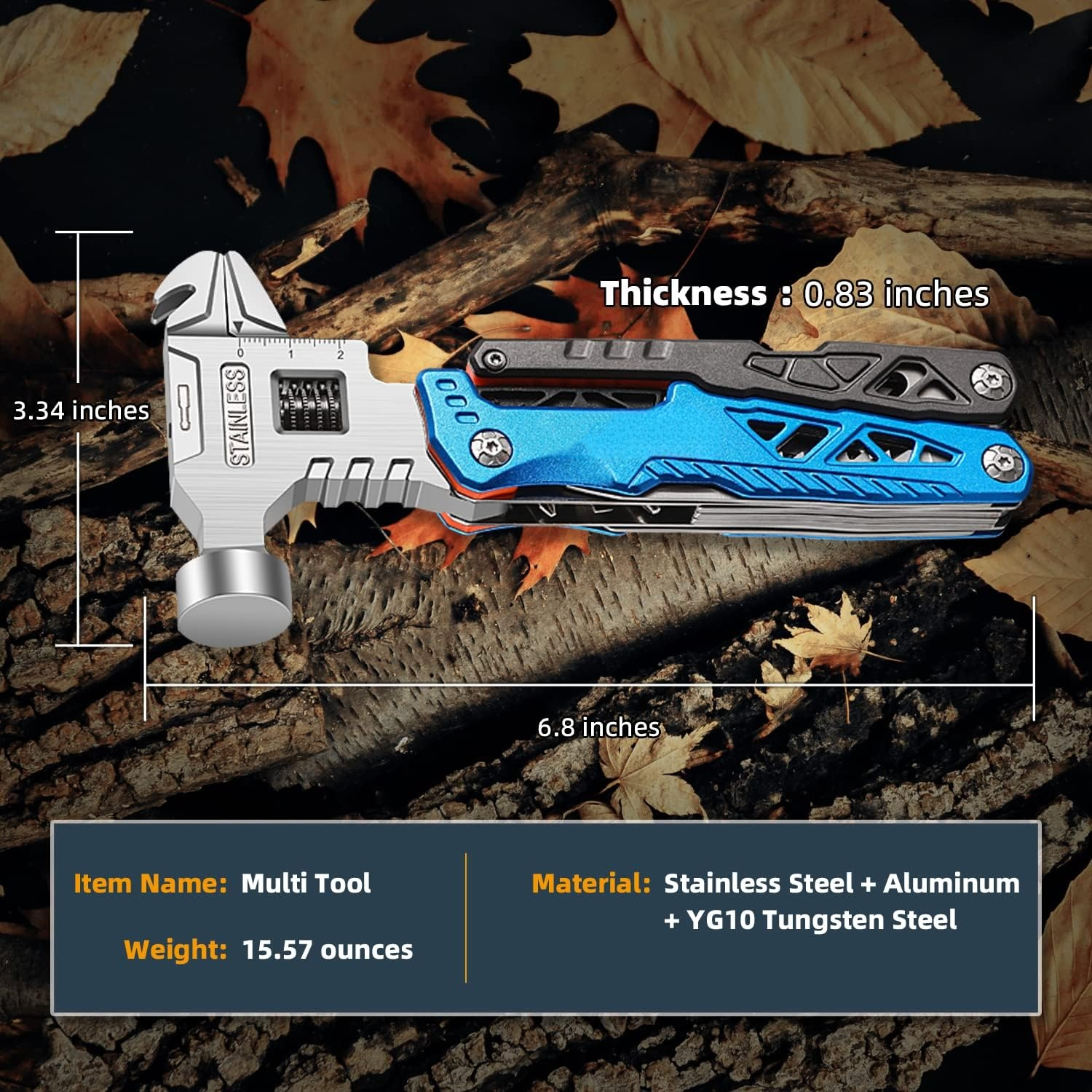 Stainless steel multitool with titanium plating for corrosion resistance, an outdoor hand tool for camping and hiking Blue, Black