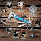 18 tools in one frame with a hammer, nail puller, screwdrivers, saw, knife and bottle opener for home and outdoor use Blue, Black