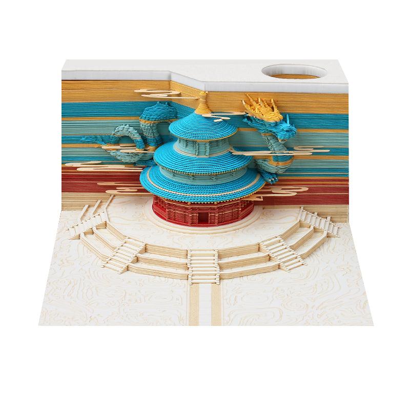 Tear-off memo pad shaping a Dubai skyline paper sculpture, a glowing LED desk ornament and built-in calendar for the office