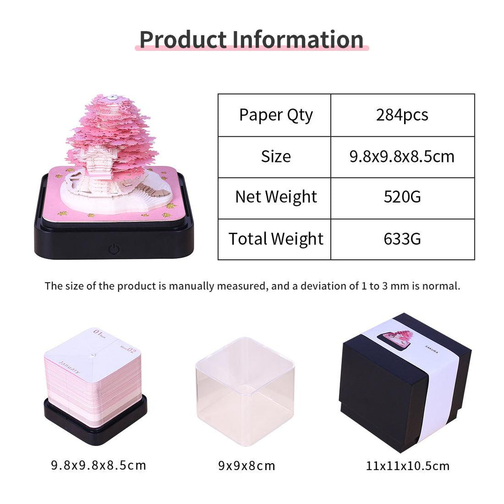 Tear-away note pad building a street alley paper sculpture, the Alley calendar design with a touch LED base and date pages