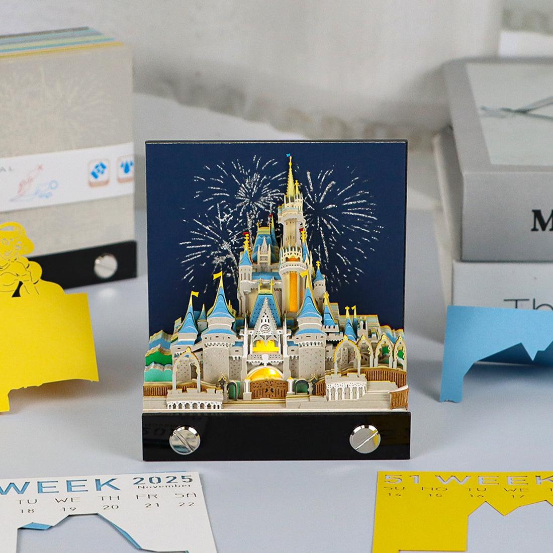 3D art memo pad shaping a train paper sculpture page by page, the Train No Calendar version with a touch LED desk base glow