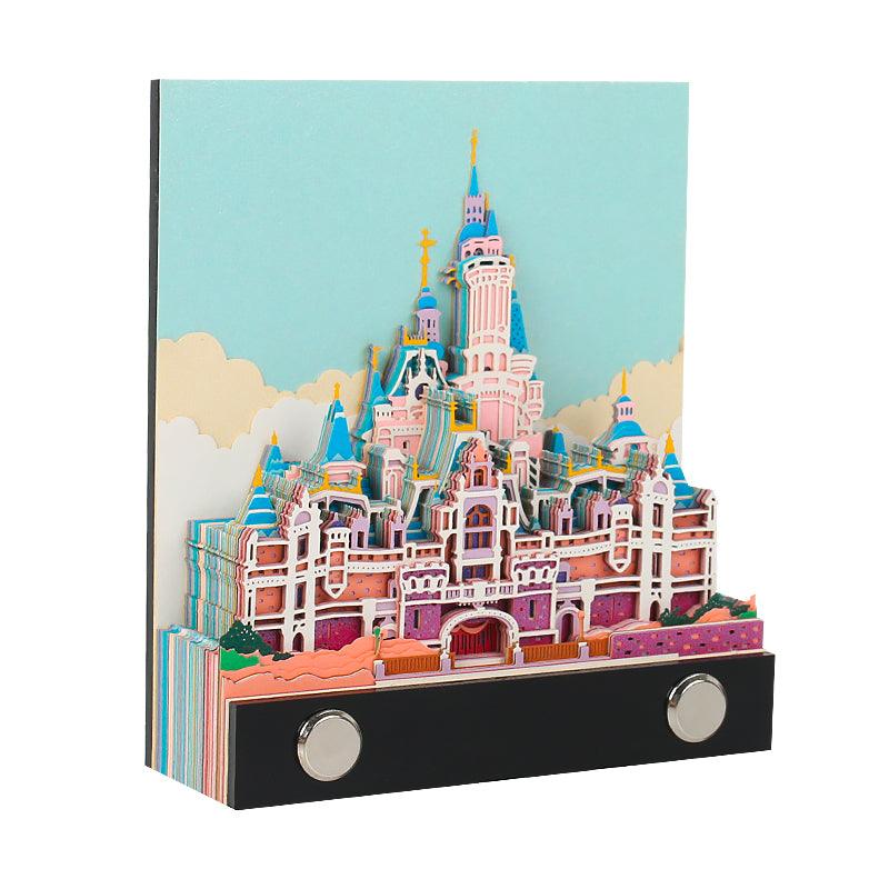 Tear-off memo pad building a palace paper sculpture, the Palace No Calendar version with a warm LED base for desk decor