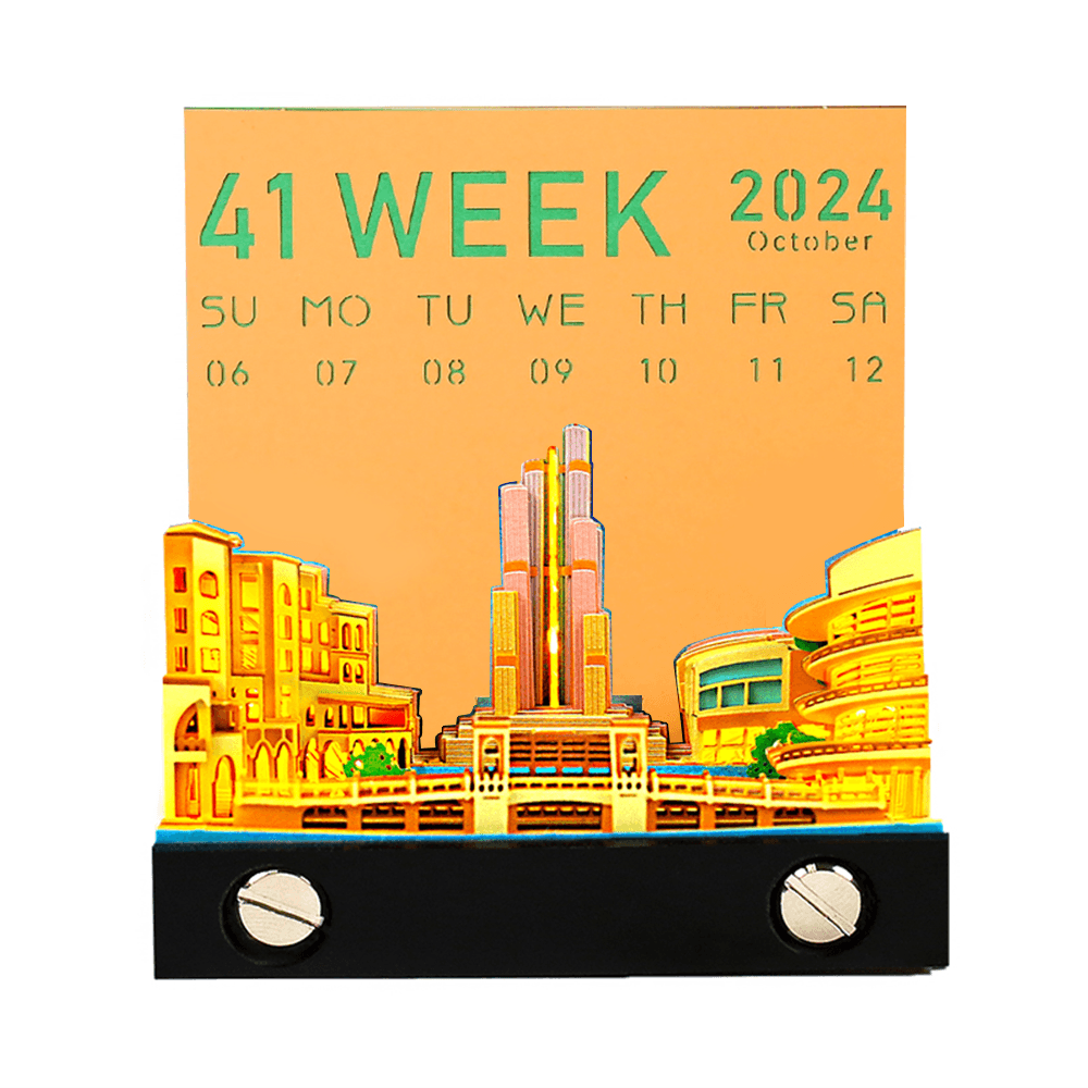 3D art memo pad forming a castle paper sculpture as pages tear, the Castle 2 design with a glowing LED base and calendar