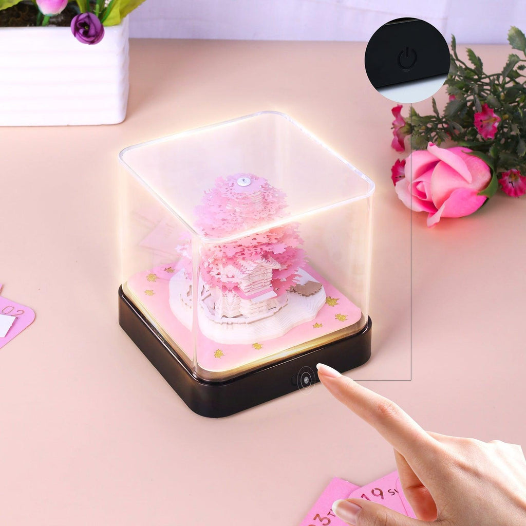 Creative desk gift memo pad that builds a Sakura Tree paper sculpture, a touch LED ornament and calendar for stationery fans