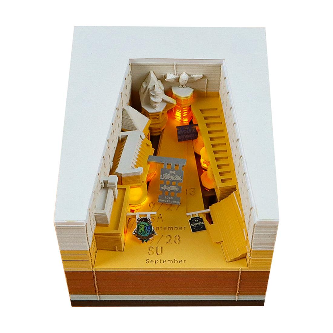 Kids desk accessory memo pad shaping an Astronaut paper sculpture, a glowing LED night light base and built-in calendar