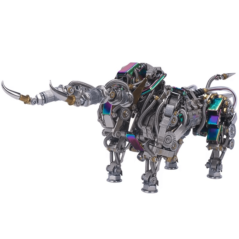 3D metal mechanical bull kit built from 1087 stainless steel pieces, an articulated animal model and desk sculpture for adults Silver
