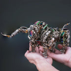 Handheld stainless steel bull model showing its compact metal build, an articulated animal puzzle kit for adult hobbyists Silver