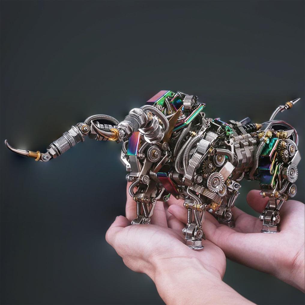 Handheld stainless steel bull model showing its compact metal build, an articulated animal puzzle kit for adult hobbyists Silver