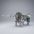 Stainless steel mechanical bull model with poseable movable joints, a 1087 piece metal puzzle and shelf display for collectors Silver