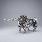 Stainless steel mechanical bull model with poseable movable joints, a 1087 piece metal puzzle and shelf display for collectors Silver