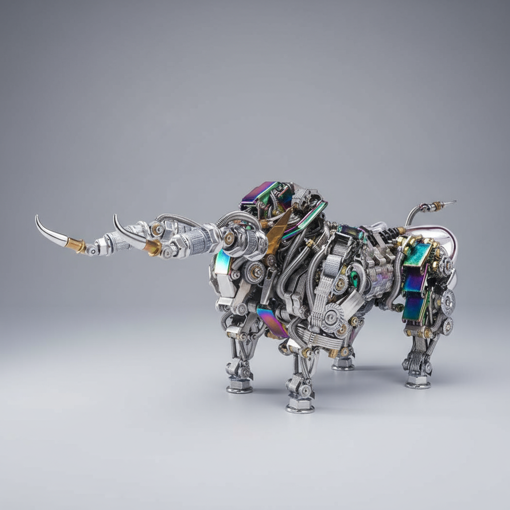 Stainless steel mechanical bull model with poseable movable joints, a 1087 piece metal puzzle and shelf display for collectors Silver