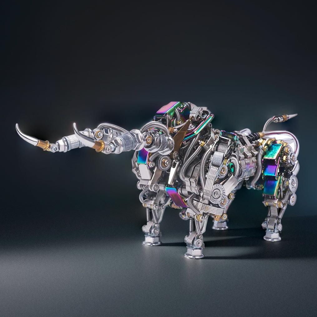 Articulated metal bull figurine in a bright stainless steel finish, a glue free 1087 piece model kit and desk decor for engineers Silver