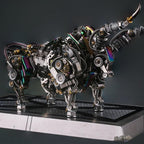 Mechanical steel bull sculpture posed with a raised tail, a laser cut metal animal model and collectible gift for adult builders Silver