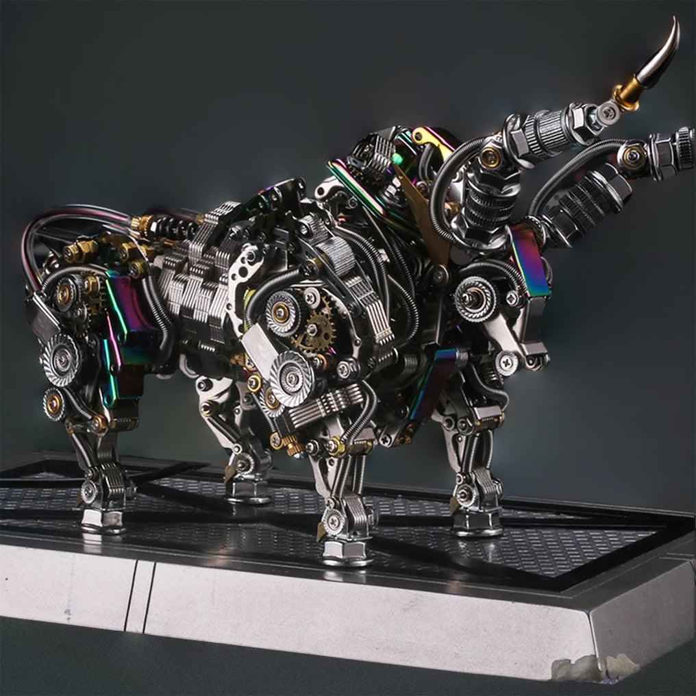 Mechanical steel bull sculpture posed with a raised tail, a laser cut metal animal model and collectible gift for adult builders Silver
