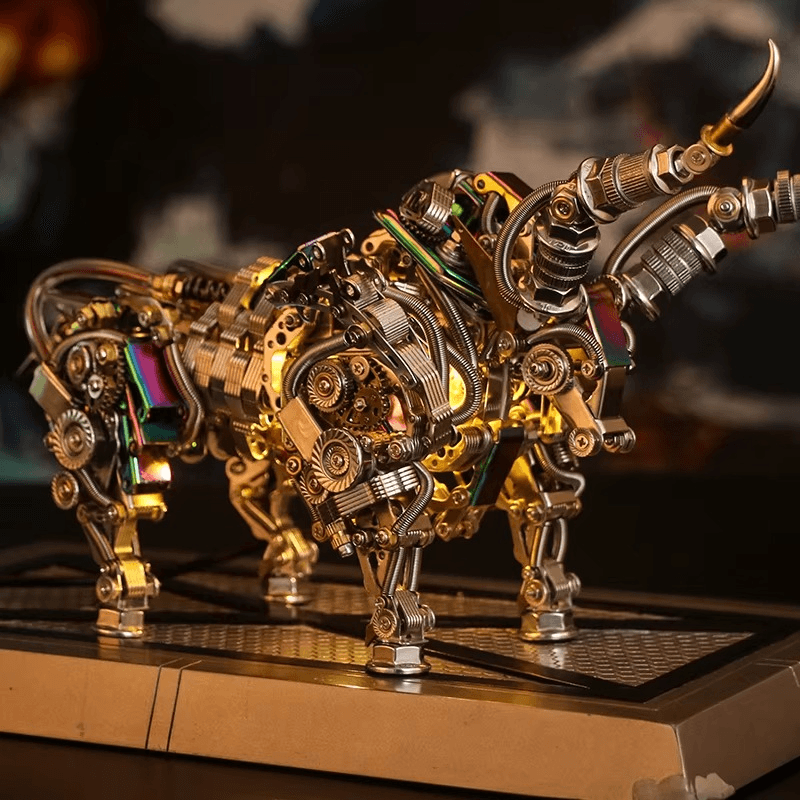 Brass toned mechanical bull built from laser cut metal parts, a poseable 1087 piece animal model and shelf display for adults Gold