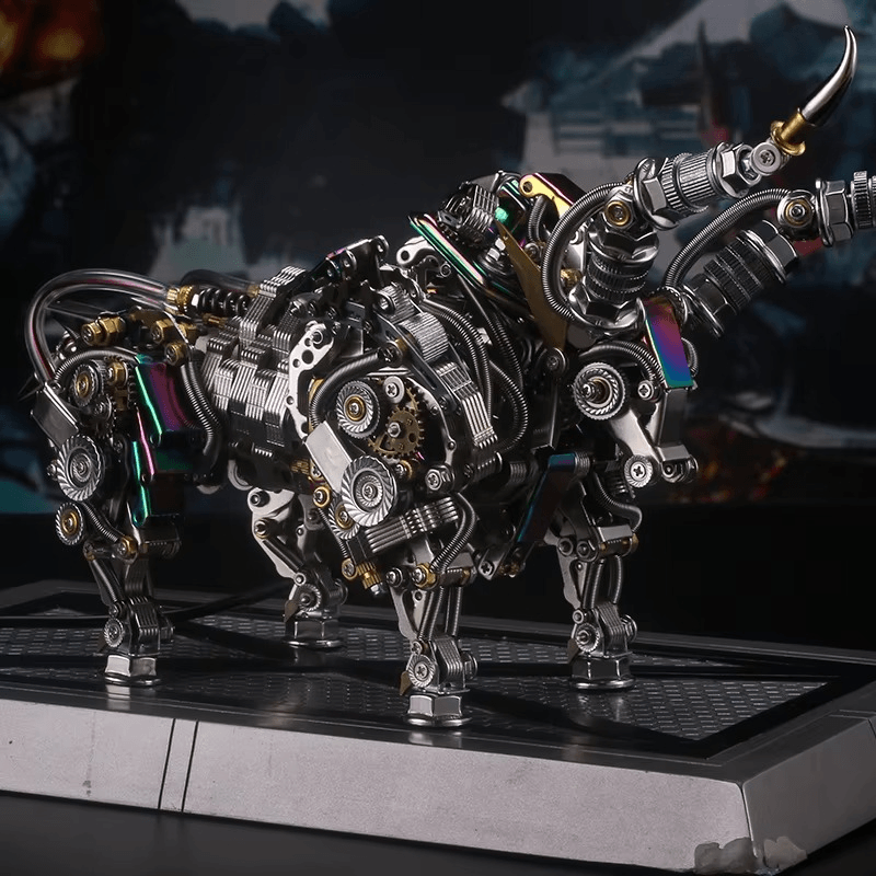 Poseable mechanical bull built in gleaming stainless steel, a 1087 piece metal model kit and statement decor for a work desk Silver