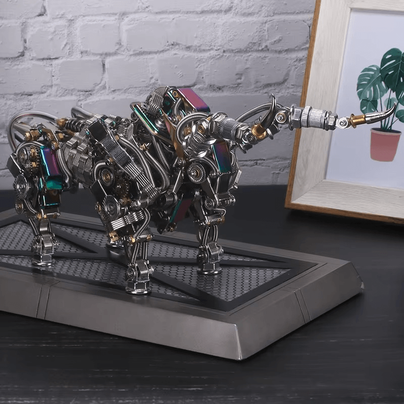 Steel mechanical bull model displayed on a stand in a modern room, a stainless metal animal sculpture and home shelf centerpiece Silver