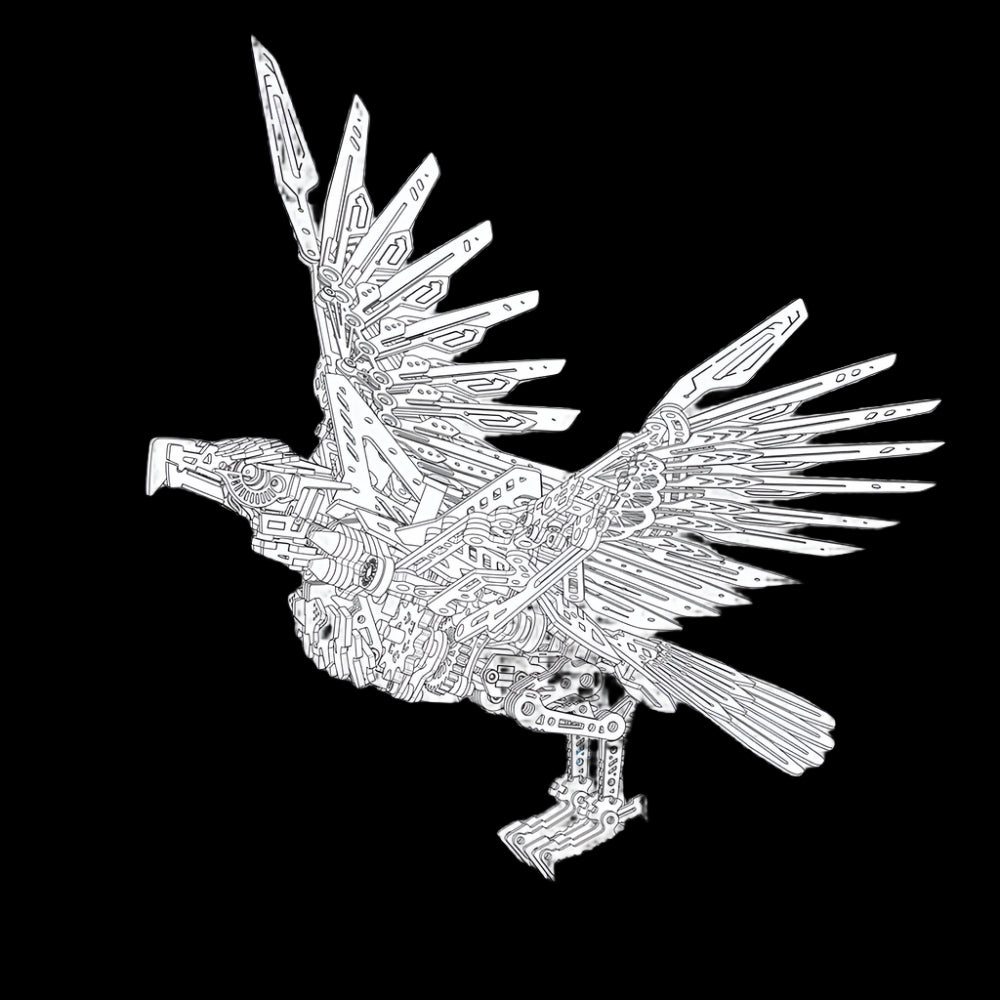 Intricate metal eagle model with hundreds of laser cut steel parts, a detailed mechanical build for adult crafters