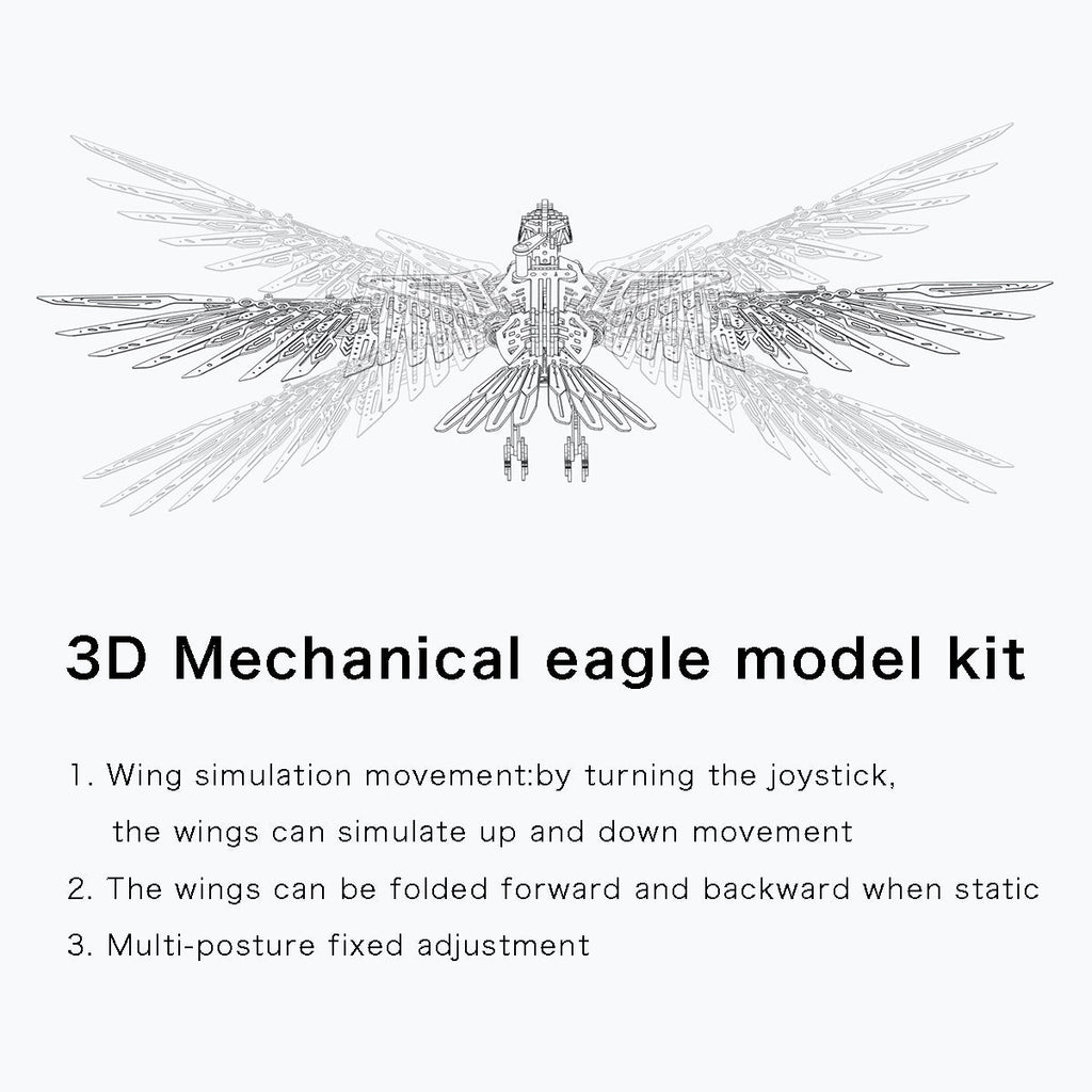 Mechanical eagle model kit with movable wings that fold and lift, an interactive metal build for engineering fans
