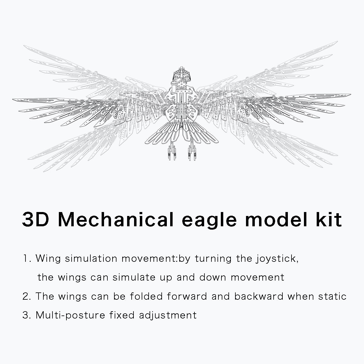 Mechanical eagle model kit with movable wings that fold and lift, an interactive metal build for engineering fans