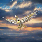 Gold metal mechanical eagle with spread wings in flight, a steampunk bird sculpture and gift for model builders Gold Eagle