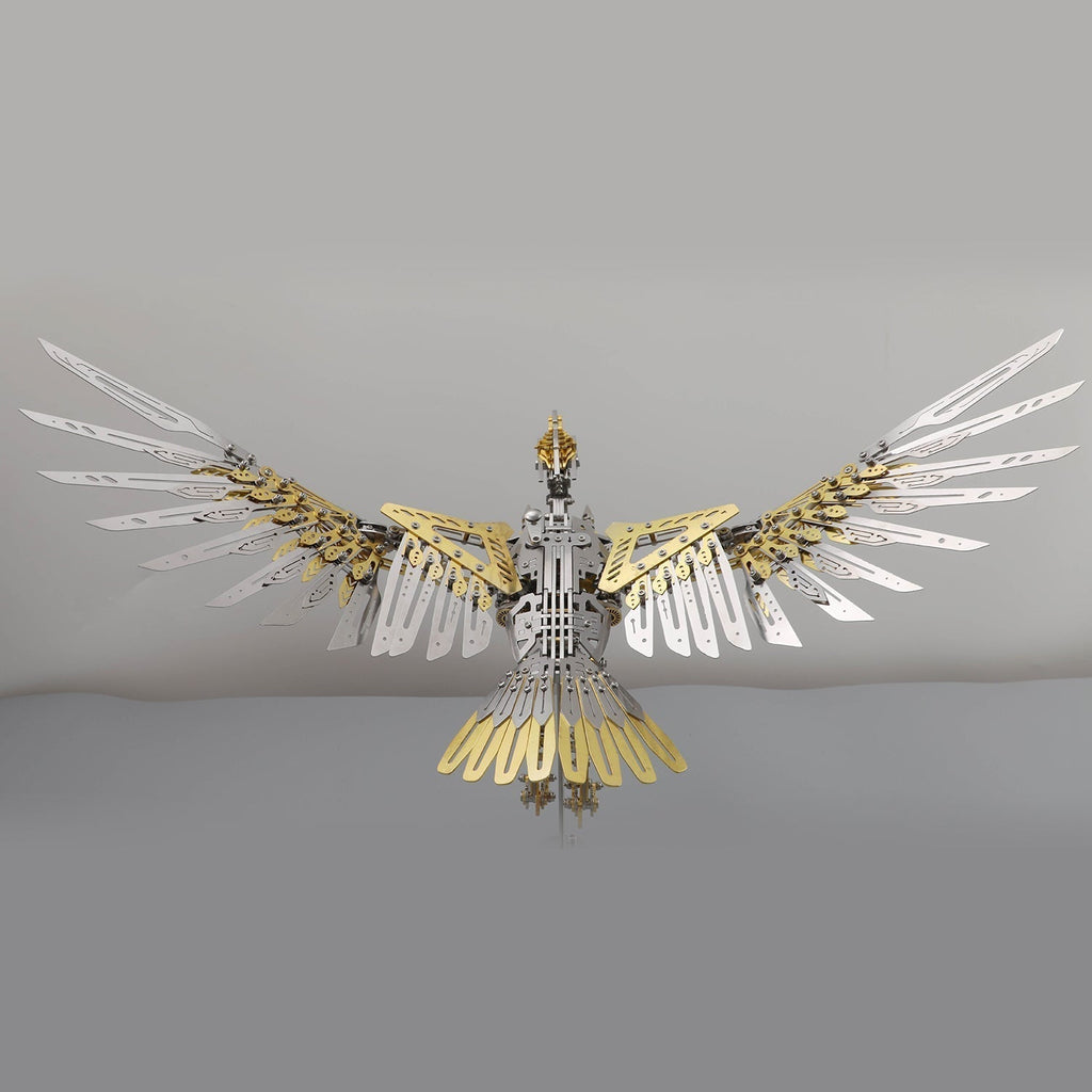 3D metal mechanical eagle model kit with wide spread wings, a gold and steel bird sculpture for a steampunk desk Gold Eagle