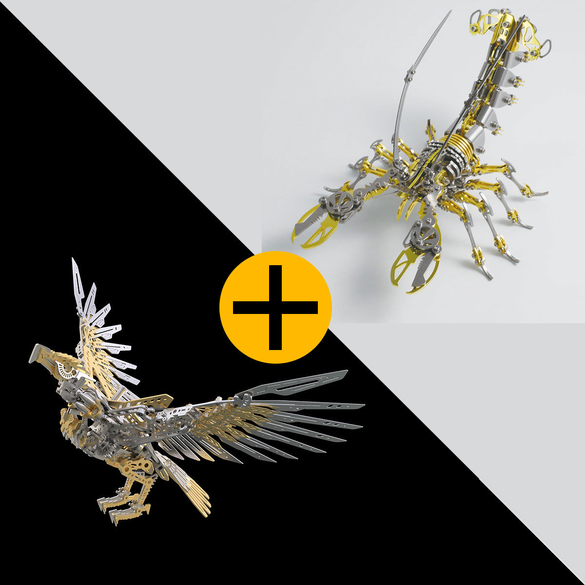 Gold metal eagle and scorpion model set, two stainless steel kits to build and display together for collectors Golden Eagle + Gold Scorpion