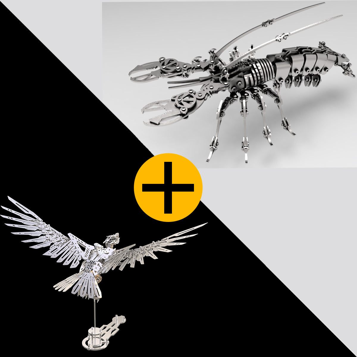 Silver metal eagle and scorpion model set, a matching pair of steel kits to assemble and display for hobbyists Silver Eagle + Silver Scorpion