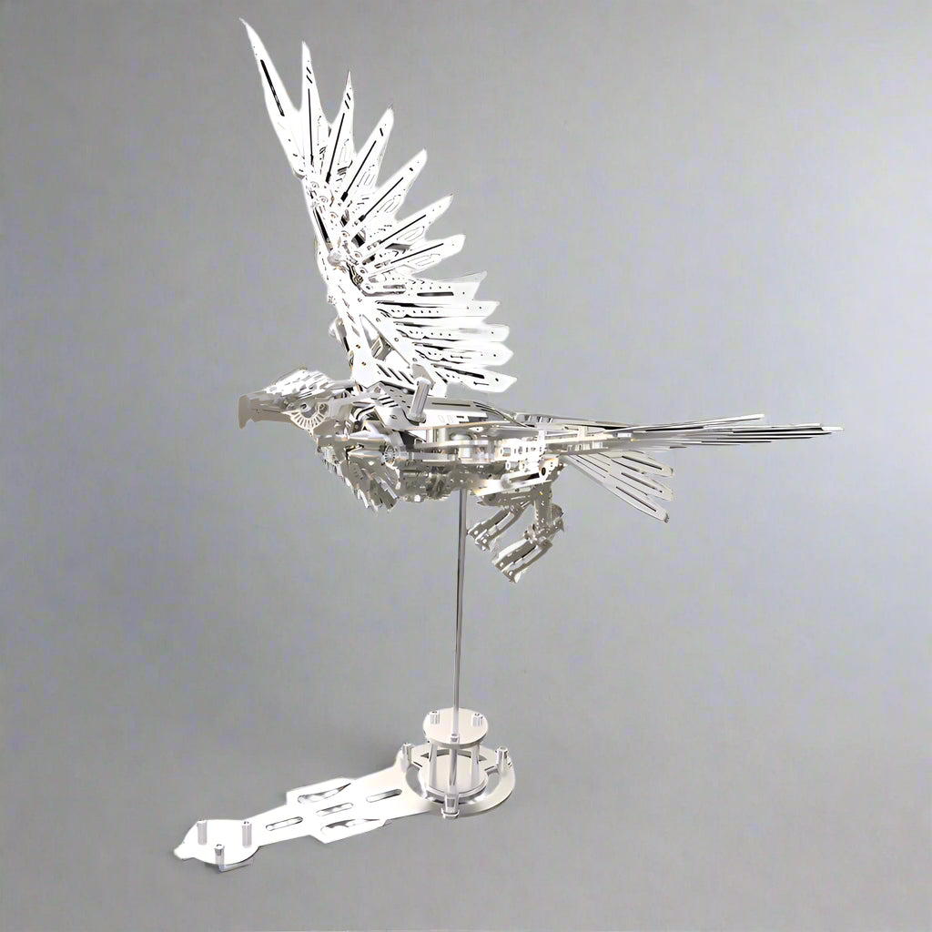 Silver mechanical eagle with layered steel feathers, a hands on metal model build for adult puzzle enthusiasts Silver Eagle
