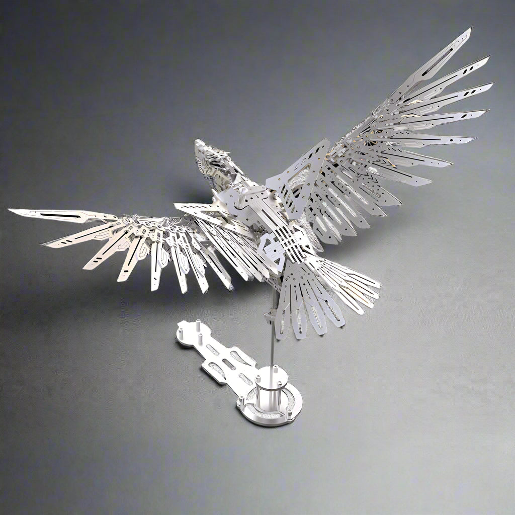 Silver metal eagle model kit with outstretched stainless steel wings, a mechanical bird centerpiece for a desk Silver Eagle