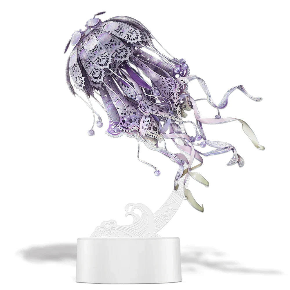 Cobalt Violet metal jellyfish model, a 61 piece laser cut 3D puzzle and marine desk decor for adult puzzle hobbyists