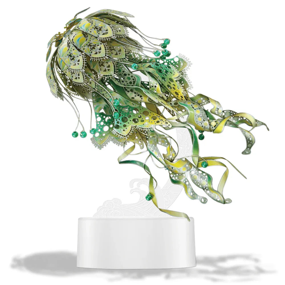 Crystal Green stainless steel jellyfish model, a glue free 3D metal puzzle and ocean themed desk sculpture for adults