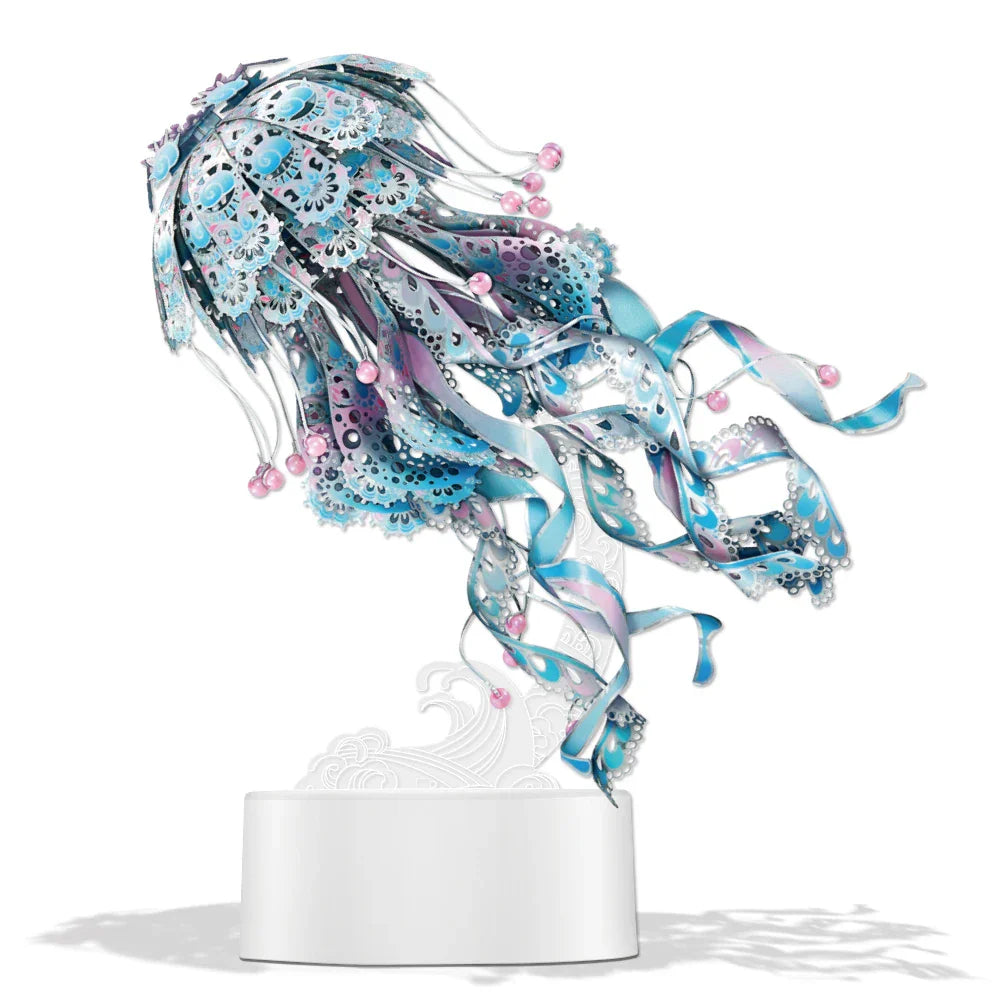 Ocean Blue 3D metal puzzle jellyfish, a stainless steel marine sculpture and shelf centerpiece for adult puzzle fans