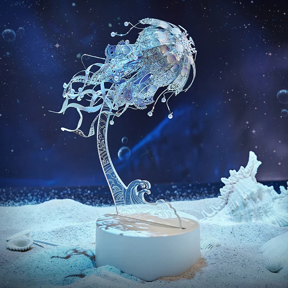 Ocean Blue metal jellyfish styled as marine decor, a 3D stainless steel puzzle and calming ocean desk display for adults