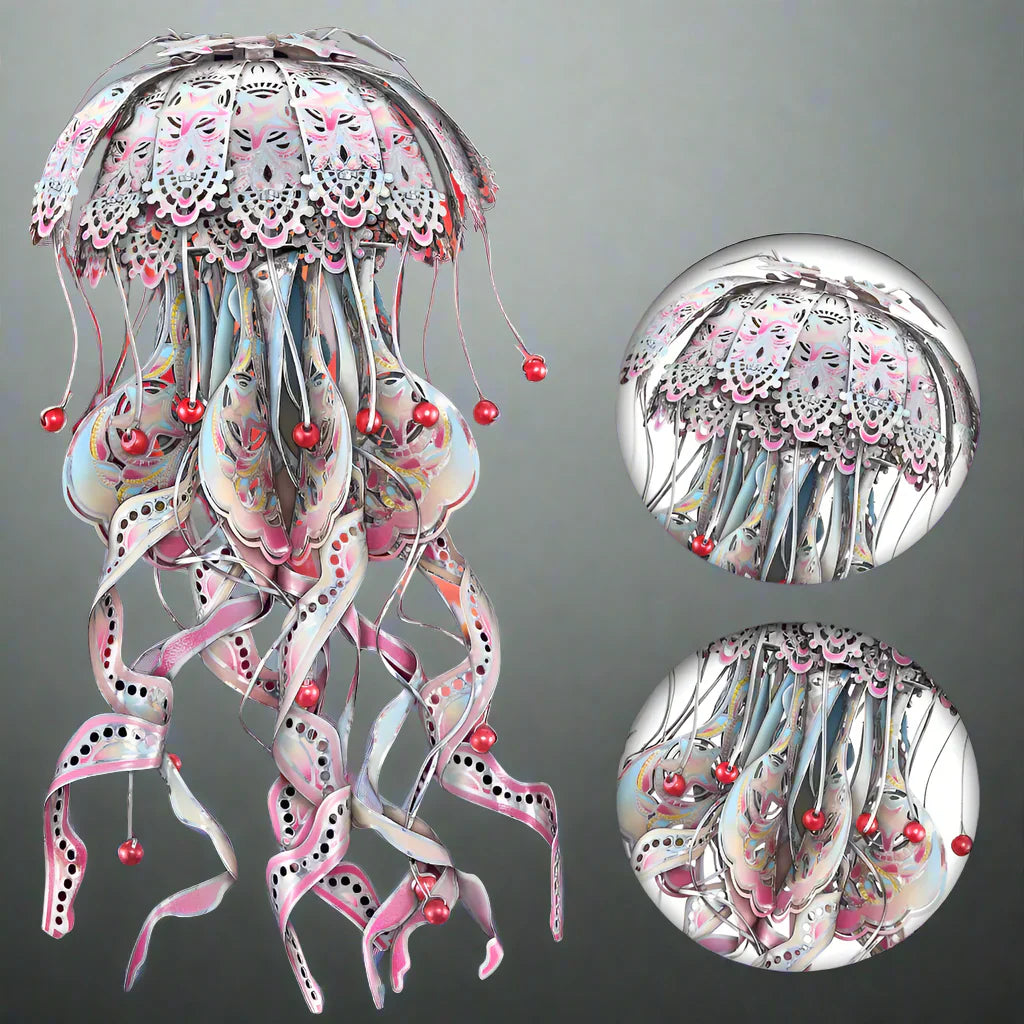 Scarlet Red 3D metal jellyfish puzzle kit with stainless steel tentacles, a marine sculpture for adult model builders